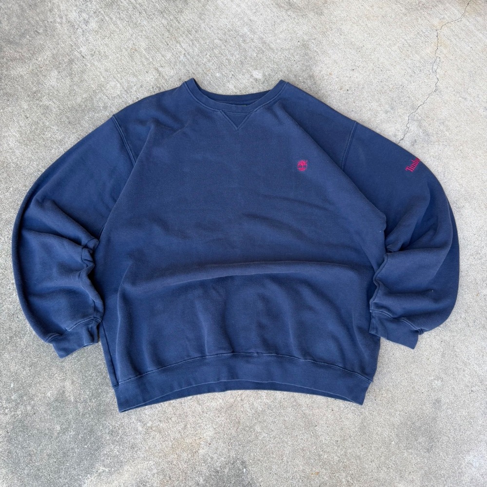 Timberland Weathergear Mens XL Navy Blue Crewneck Sweatshirt Red Logo Vintage